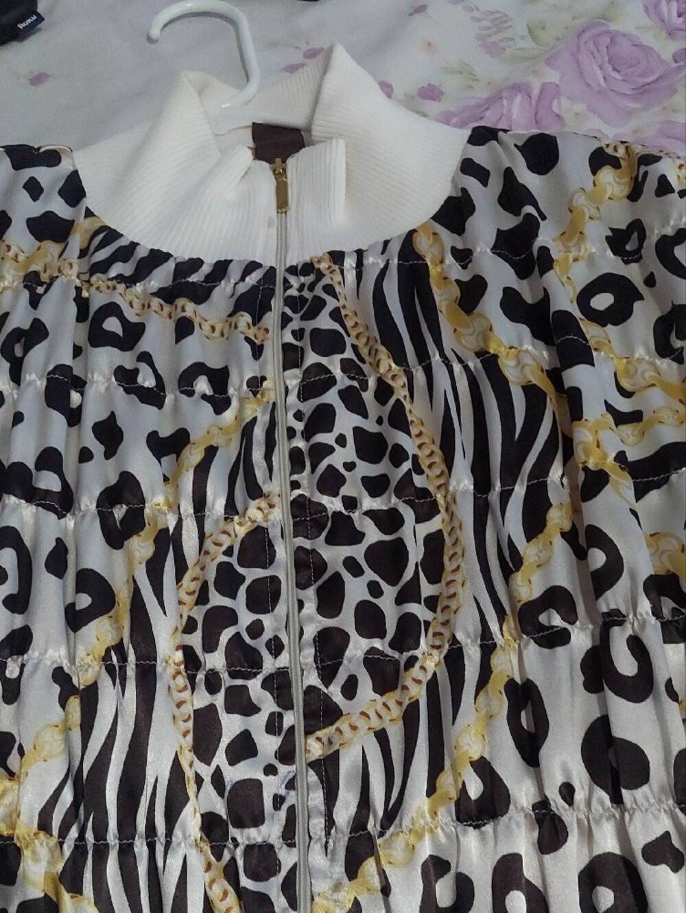 6 for $10 M&M Multiples Cream Zip-Front Animal Print Jacket with Gold Accents - Picture 9 of 14